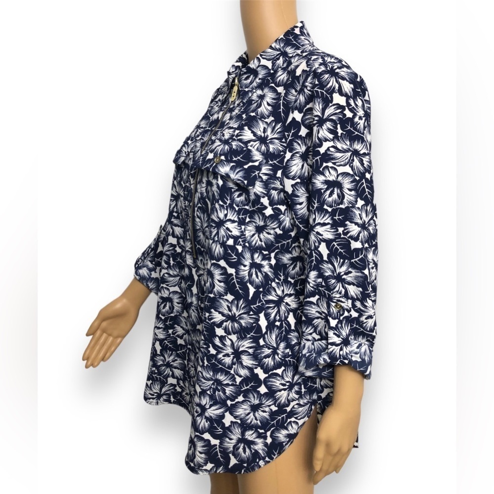 MICHAEL KORS Long Roll-tab Sleeve Floral Blue Hibiscus Tunic Top Blouse Size L - Picture 7 of 14